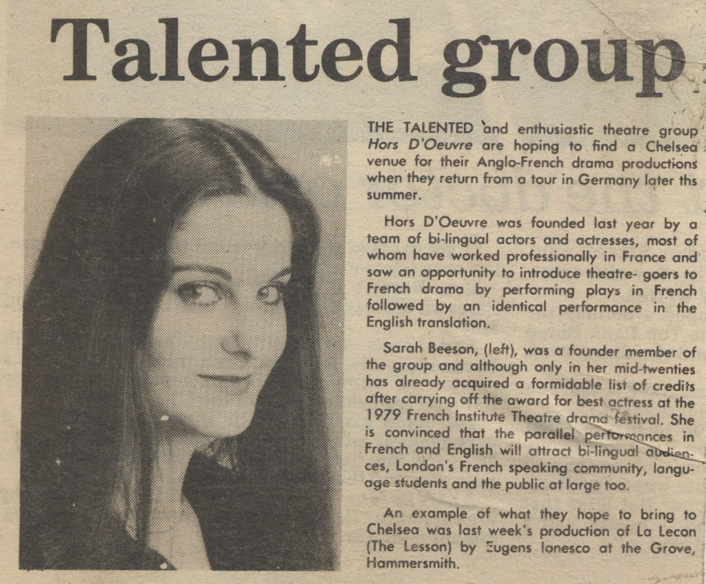 19830429 HORS D'OEUVRE FRENCH THEATRE GROUP SARAH BEESON Friend of CAL CN.jpg